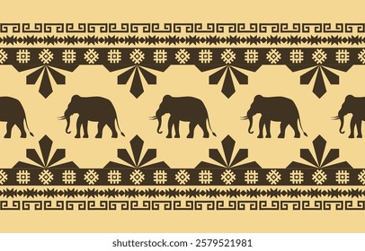 Elegant seamless pattern with elephant silhouettes and geometric motifs. Burgundy and beige color palette. Suitable for fashion apparel, home decor, interior design, children's products.