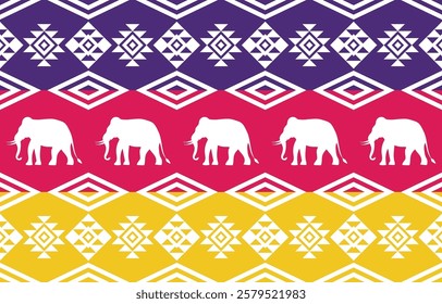 Elegant seamless pattern with elephant silhouettes and geometric motifs. Burgundy and beige color palette. Suitable for fashion apparel, home decor, interior design, children's products.