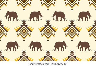 Elegant seamless pattern with elephant silhouettes and geometric motifs. Burgundy and beige color palette. Suitable for fashion apparel, home decor, interior design, children's products.