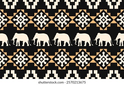 Elegant seamless pattern with elephants and geometric motifs inspired by African art. Black, beige, and white color palette. Suitable for fashion apparel, home decor, interior design.