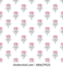 Elegant seamless pattern with elephants and lotus, design elements. Floral  pattern for invitations, cards, print, gift wrap, manufacturing, textile, fabric, wallpapers. Continuous line art style