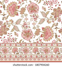 Elegant seamless pattern with ethnic flower. Vector Floral Illustration in Asian textile style  for print on fabric, wedding decor, textile curtain covers and more. Illustration.