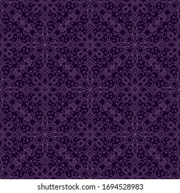 elegant seamless pattern. fancy violet lace with flowers and leaves on black background. symmetrical textile design
