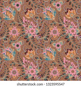 Elegant seamless pattern with fantastic flowers in pink brown colors. Decorative ornament for fabric, textile, wrapping paper. Traditional oriental seamless pattern. Brown