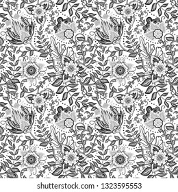 Elegant seamless pattern with fantastic flowers in black and white colors. Decorative ornament for fabric, textile, wrapping paper. Traditional oriental seamless pattern.