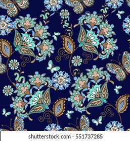 Elegant seamless pattern with fantastic flowers in blue colors. Decorative ornament for fabric, textile, wrapping paper. Traditional oriental seamless paisley pattern.