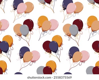 Elegant seamless pattern features pastel-colored balloons, creating refined and festive vibe. Perfect for party stationery, gift wrapping, event backdrops, or digital design projects