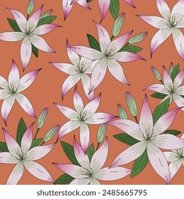 Elegant seamless pattern featuring beautiful pink lilies with green leaves on a warm terracotta background. Ideal for textiles, wallpapers, and decorative designs.