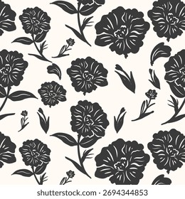Elegant seamless pattern featuring black floral silhouettes on a soft beige background, perfect for fabric design, wallpaper, or digital backgrounds.