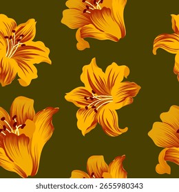 Elegante patrón sin fisuras con lirios naranjas en flor sobre un fondo verde profundo. Ideal para la tela, los Fondos de pantalla y el embalaje.