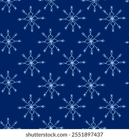 Elegant seamless pattern featuring blue snowflakes on a rich dark blue background