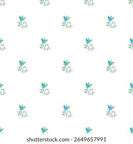 Elegant seamless pattern featuring blue flowers paired with green leaves, set against a clean white background. Perfect for textiles, wallpapers, or digital projects needing a floral and fresh design.