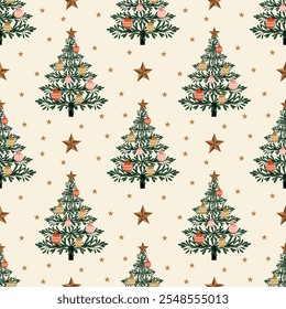 Elegant seamless pattern featuring Christmas trees with ornaments and golden stars on a beige background. Ideal for holiday cards, gift wrapping, and festive decor.