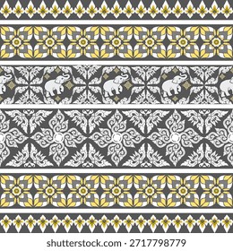 Elegante patrón sin costuras con motivos decorativos de elefantes con intrincados adornos florales en oro, blanco y gris, ideal para lujosos proyectos de textiles, Fondo de pantalla, papel de regalo y diseño digital.