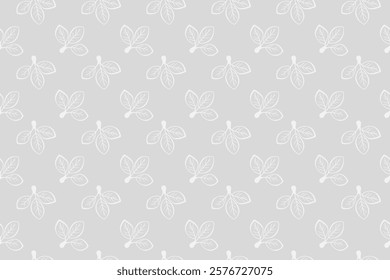 Elegant seamless pattern featuring delicate white leaf sprigs on a soft grey background.  Perfect for textile design, wallpaper, stationery, or website backgrounds.