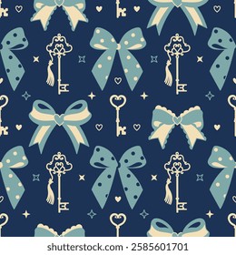 Elegant seamless pattern featuring delicate ribbon bows, ornate vintage keys on a deep mysterious blue background. Classic feminine print for fabric, wallpaper, stationery, gift wrap