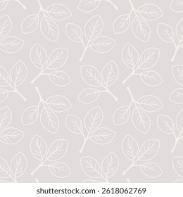 Elegant seamless pattern featuring delicate, minimalist grey leaves on a light grey background.  Perfect for textile design, wallpaper, packaging, or website backgrounds.