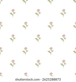 Elegant seamless pattern featuring delicate pink flowers and green leaves on a white backdrop. This minimalist floral design is ideal for wallpapers, stationery, gift wrap, or textile projects.