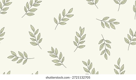 Elegante padrão sem emenda com delicados ramos de folhas verdes e caules botânicos sobre um fundo de creme neutro macio para uso têxtil.