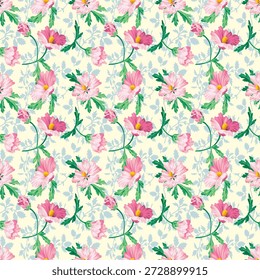 An elegant seamless pattern featuring delicate pink blossoms and lush greenery on a soft, vintage-inspired cream background.