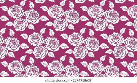 An elegant seamless pattern featuring detailed white rose illustrations with intricate leaf accents, set against a pink backdrop. This classic floral design evokes romance and sophistication.