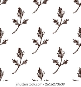 Elegant seamless pattern featuring detailed parsley sprigs in hand drawn vintage style. Ideal for food packaging, organic product branding, culinary backgrounds, and natural-themed textile designs.