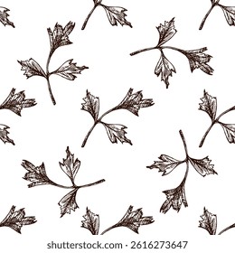 Elegant seamless pattern featuring detailed parsley sprigs in hand drawn vintage style. Ideal for food packaging, organic product branding, culinary backgrounds, and natural-themed textile designs.