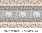 Elegant seamless pattern featuring elephants and blooming roses in soft vintage tones. Decorative floral and animal design ideal for fabric, wallpaper, wrapping paper, and vector backgrounds.