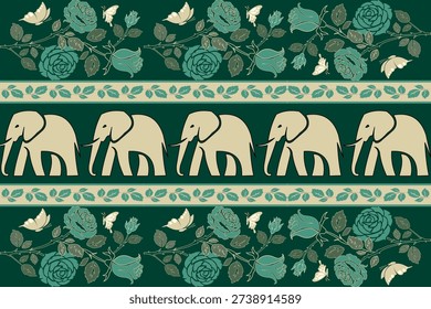 Elegant seamless pattern featuring elephants and blooming roses in soft vintage tones. Decorative floral and animal design ideal for fabric, wallpaper, wrapping paper, and vector backgrounds.
