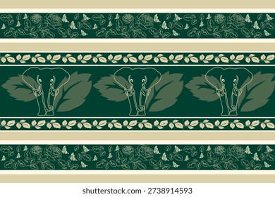 Elegant seamless pattern featuring elephants and blooming roses in soft vintage tones. Decorative floral and animal design ideal for fabric, wallpaper, wrapping paper, and vector backgrounds.