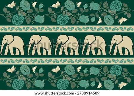 Elegant seamless pattern featuring elephants and blooming roses in soft vintage tones. Decorative floral and animal design ideal for fabric, wallpaper, wrapping paper, and vector backgrounds.