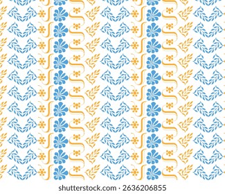 Elegant seamless pattern featuring floral and leaf elements in stunning blue and gold hues on a clean white background. This decorative vector design is perfect for wallpaper, textile art,...