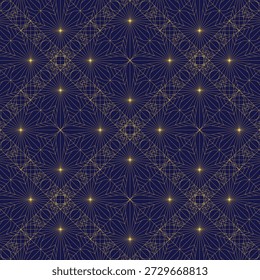 Elegante patrón sin fisuras con líneas geométricas con acentos dorados sobre un fondo azul oscuro. Ideal para embalajes de lujo, Fondo de pantalla, textiles, marcas y fondos decorativos