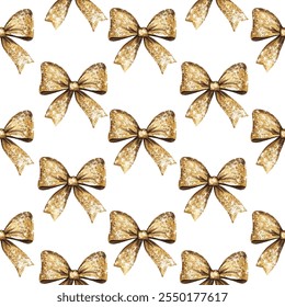 Elegant seamless pattern featuring golden bows on a white background, perfect for festive decorations, gift wrapping, and holiday designs. Adds a touch of luxury and sophistication to any project.