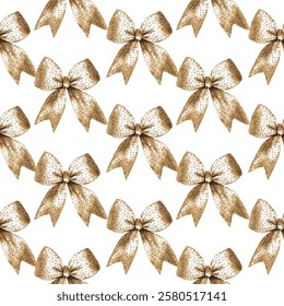 Elegant seamless pattern featuring golden bows on a white background, perfect for festive decorations, gift wrapping, and holiday designs. Adds a touch of luxury and sophistication to any project.