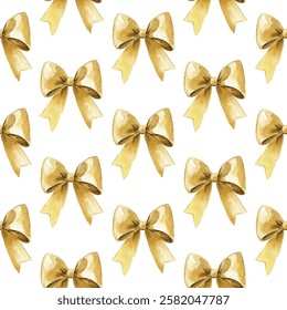 Elegant seamless pattern featuring golden bows on a white background, perfect for festive decorations, gift wrapping, and holiday designs. Adds a touch of luxury and sophistication to any project.