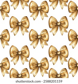 Elegant seamless pattern featuring golden bows on a white background, perfect for festive decorations, gift wrapping, and holiday designs. Adds a touch of luxury and sophistication to any project.