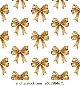 Elegant seamless pattern featuring golden bows on a white background, perfect for festive decorations, gift wrapping, and holiday designs. Adds a touch of luxury and sophistication to any project.