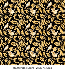 An elegant seamless pattern featuring golden birds and baroque floral scrolls set against a sophisticated black background.