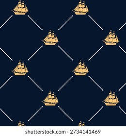 Elegant seamless pattern featuring golden barque sailing ships connected by dotted lines on a dark blue background. Classic maritime design ideal for wallpaper, fabric, wrapping paper, and branding