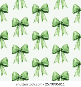 Elegant seamless pattern featuring green bows on a white background, perfect for festive decorations, gift wrapping, and holiday designs. Adds a touch of luxury and sophistication to any project.