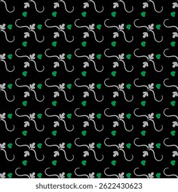 Elegant seamless pattern featuring green heart shapes and swirling decorative motifs on a black background, ideal for artistic, design, and festive-themed projects in various applications.