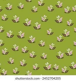 Elegant seamless pattern featuring hand-drawn leaves and florals, perfect for eco-friendly textile and wallpaper designs.