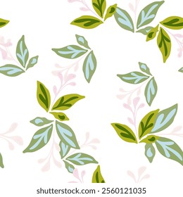 Elegant seamless pattern featuring hand-drawn leaves and florals, perfect for eco-friendly textile and wallpaper designs.