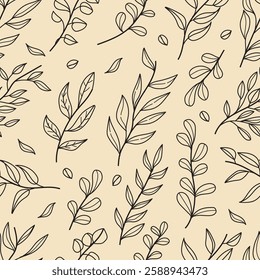 Elegant seamless pattern featuring hand-drawn leaves in minimalist line art style on a warm brown background. Perfect for wallpaper, textiles, packaging, and nature-inspired designs. 