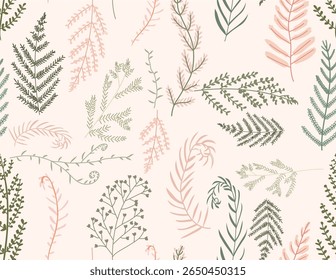 Elegant seamless pattern featuring hand-drawn botanical leaves and branches in soft pastel tones of green, pink, and beige on a light cream background. Ideal for fabric design, wrapping paper, wall