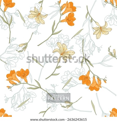 Elegant seamless pattern featuring hand-drawn orange and yellow flowers with subtle floral outlines on a white background. Perfect for textile design, wallpapers, and digital prints.