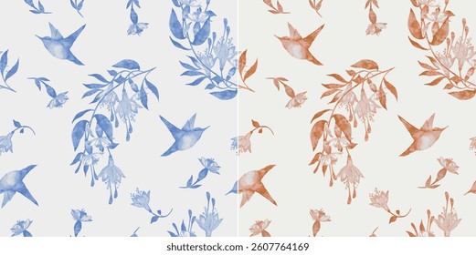 Elegant seamless pattern featuring hand-painted watercolor hummingbirds flying among delicate flowers and foliage