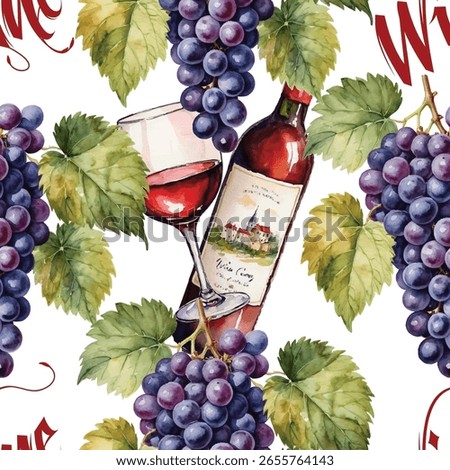  Elegant seamless pattern featuring hand-painted watercolor clusters of purple grapes, vine leaves, a red wine bottle, and a glass on a white background. Wine theme.