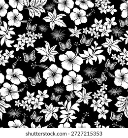 Elegante patrón sin fisuras con flores de hibisco, hojas tropicales y mariposas en blanco y negro. Ideal para textiles, Fondos de pantalla, papel de embalaje y diseño de superficies